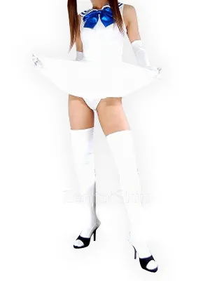 Suitable White Zentai Costume Wetlook Shiny Metallic Bowknot Mini Skirt Second Skin Clothing