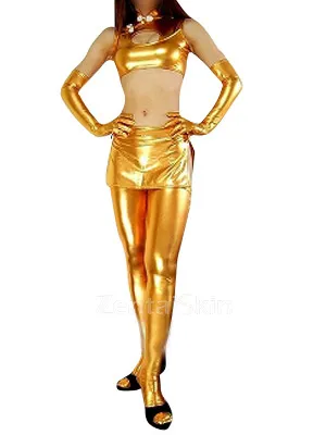 Second Skin Gold Zentai Costume Wetlook Shiny Metallic Sexy Three-set Costume