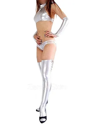 Second Skin Cheap Silver Zentai Costume Wetlook Shiny Metallic Sexy Costume