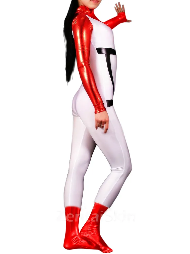 Zentai Costume Wetlook Unitard Skinsuit Shiny Metallic White with Red Unisex Catsuit Second Skin Clothing Party Costume