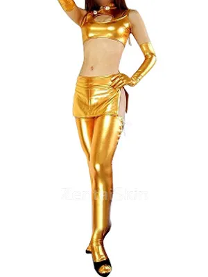 Second Skin Gold Zentai Costume Wetlook Shiny Metallic Sexy Three-set Costume