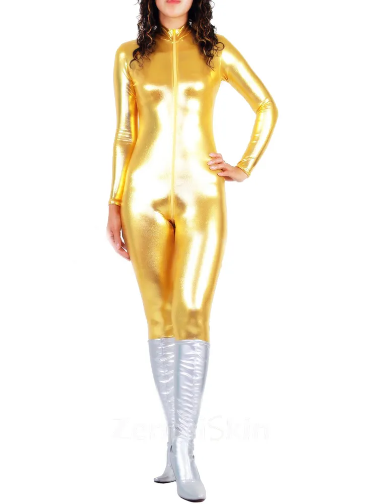 Golden Zentai Costume Wetlook Unitard Skinsuit Shiny Metallic Front Open Unisex Catsuit Second Skin Clothing Party Costume