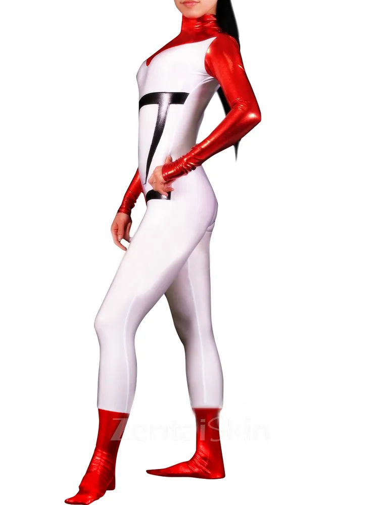 Zentai Costume Wetlook Unitard Skinsuit Shiny Metallic White with Red Unisex Catsuit Second Skin Clothing Party Costume
