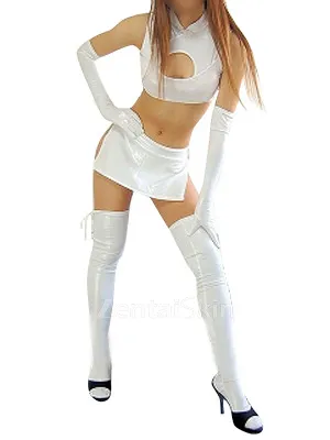 Second Skin White Zentai Costume Wetlook Shiny Metallic Sexy Four-set Costume