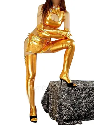 Second Skin Gold Zentai Costume Wetlook Shiny Metallic Sexy Three-set Costume