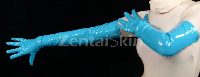 Second Skin Zentai Gloves Lake Blue Long PVC Gloves