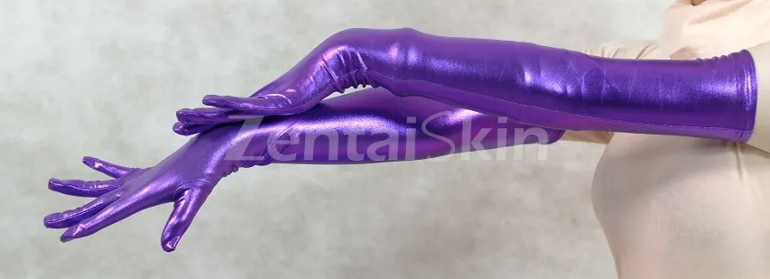 Second Skin Zentai Purple Zentai Costume Wetlook Shiny Metallic Gloves