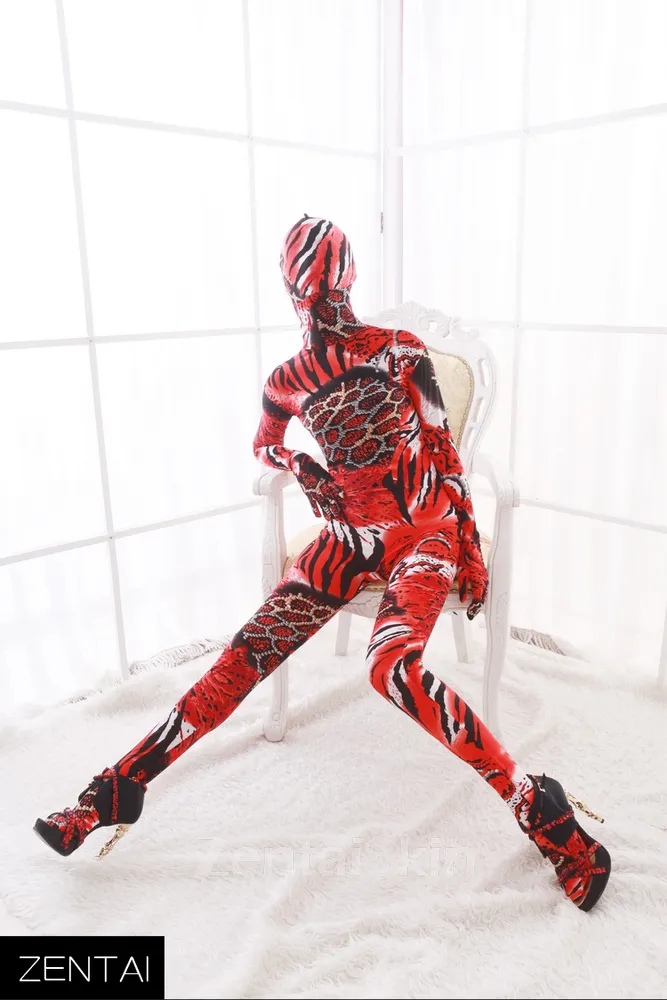 Christmas Red Animal Pattern Combination Full Body Morph Costume Dupont Zentai Catsuit Unitard Second Skin Clothing