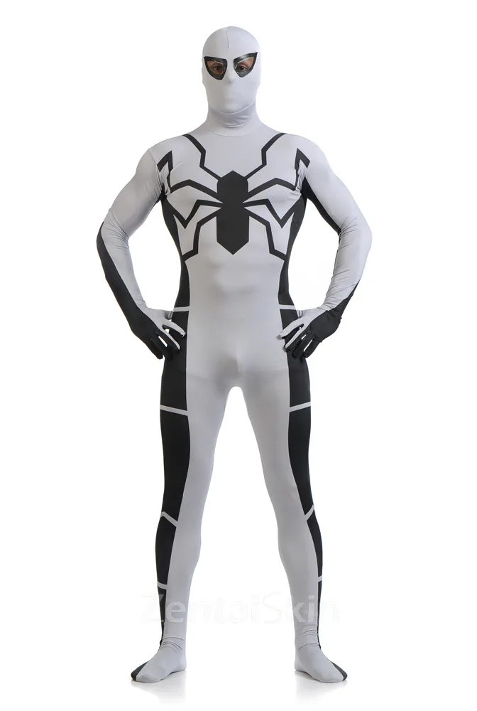 Halloween Full Body Second-skin Tights White and Black Spiderman Costume Super Hero Spandex Skinsuit Unisex Lycra Zentai Catsuits