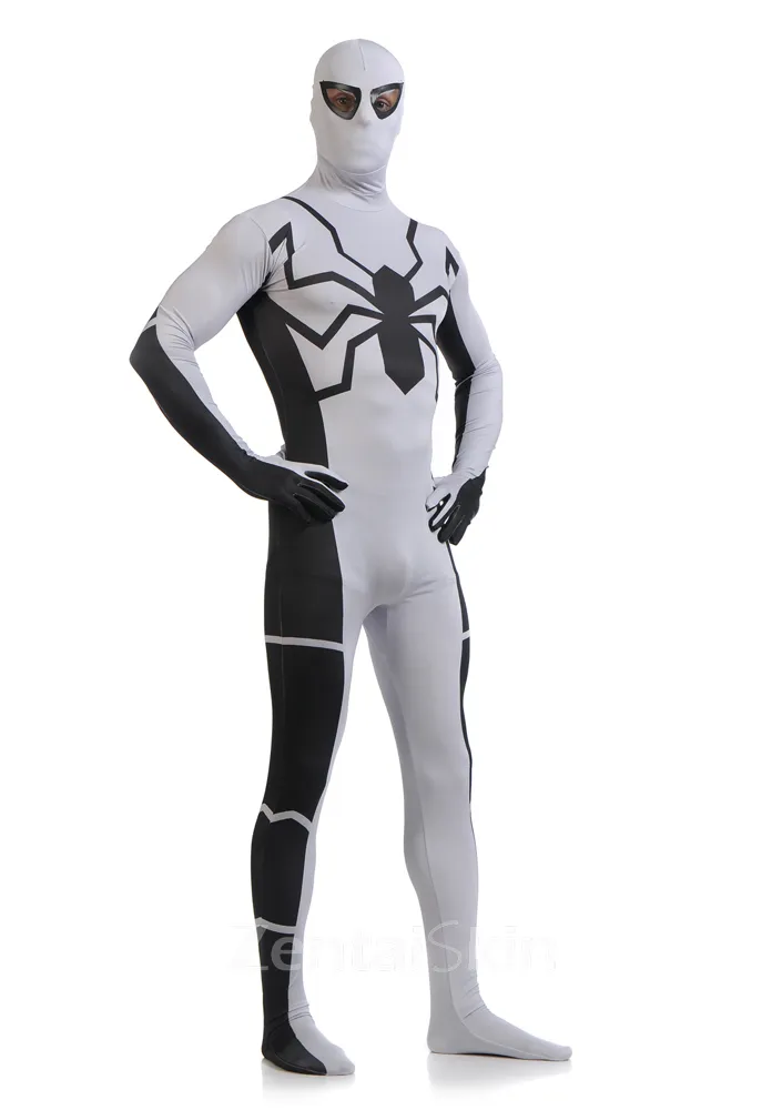 Halloween Full Body Second-skin Tights White and Black Spiderman Costume Super Hero Spandex Skinsuit Unisex Lycra Zentai Catsuits