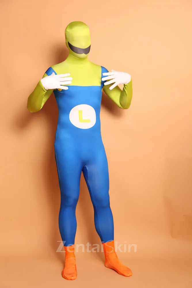 Yellow and Blue Big Beard Digital Full Body Second Skin Costume Halloween Spandex Skinsuit Holiday Unisex Cosplay Zentai Suit