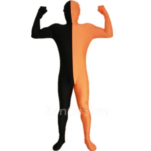 Black and Orange Split Halloween Holiday Cosplay Unisex Lycra Spandex Skinsuit Morph Second Skin Zentai Second Skin Suit