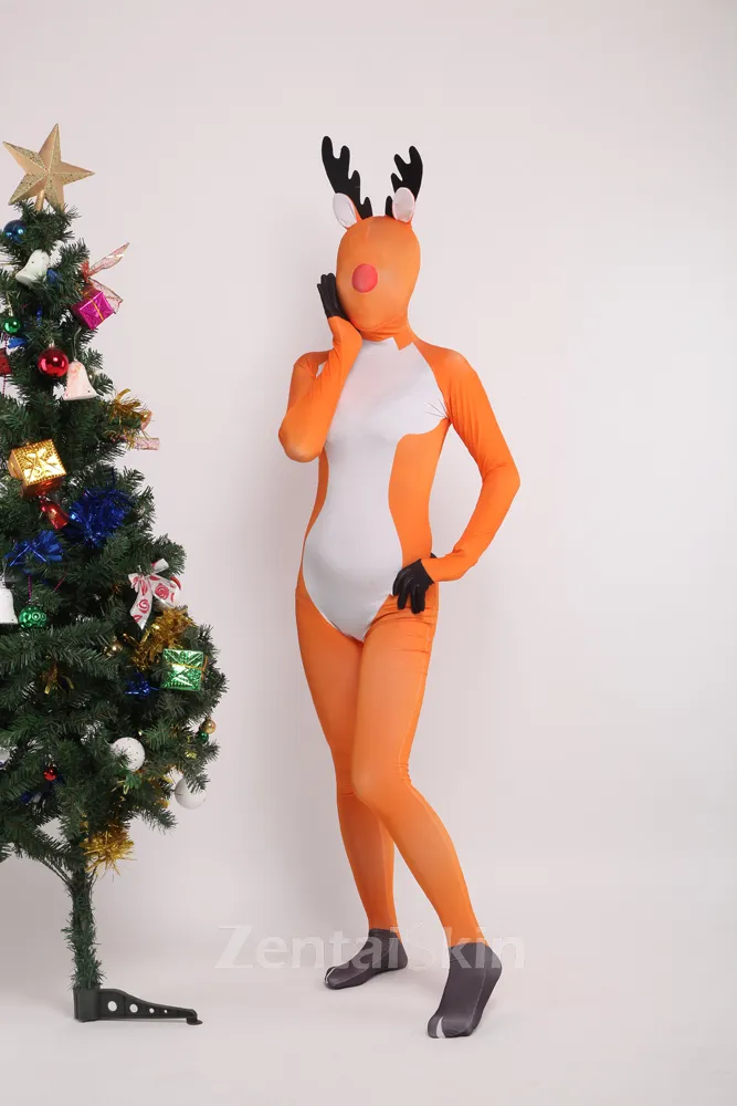 Orange Reindeer Full Body Second Skin Costume Christmas Spandex Skinsuit Holiday Unisex Cosplay Zentai Suit