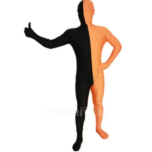 Black and Orange Split Halloween Holiday Cosplay Unisex Lycra Spandex Skinsuit Morph Second Skin Zentai Second Skin Suit