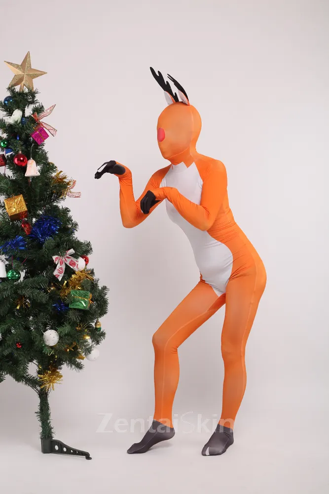Orange Reindeer Full Body Second Skin Costume Christmas Spandex Skinsuit Holiday Unisex Cosplay Zentai Suit