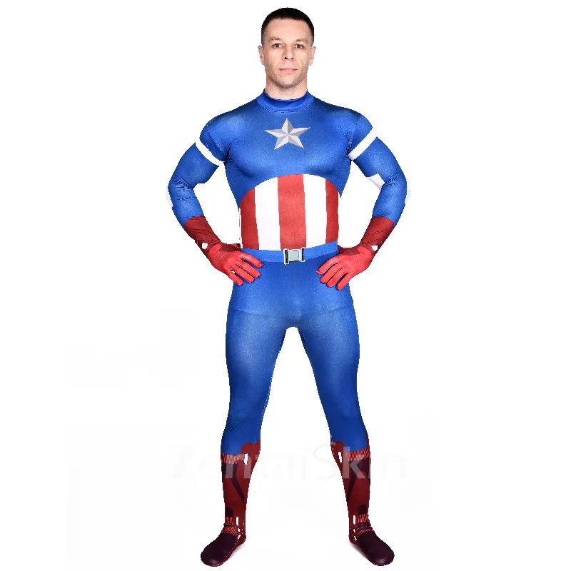 Blue Captain America Full Body Unitard Second Skin Costume Halloween Spandex Holiday Unisex Cosplay Zentai Suit