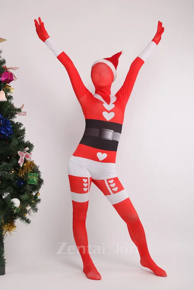 Red Sata Clause Full Body Second Skin Costume Spandex Skinsuit Christmas Holiday Unisex Cosplay Zentai Suit