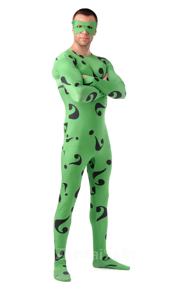 Green Question Mark Full Body Second Skin Costume Halloween Spandex Skinsuit Holiday Unisex Cosplay Zentai Suit
