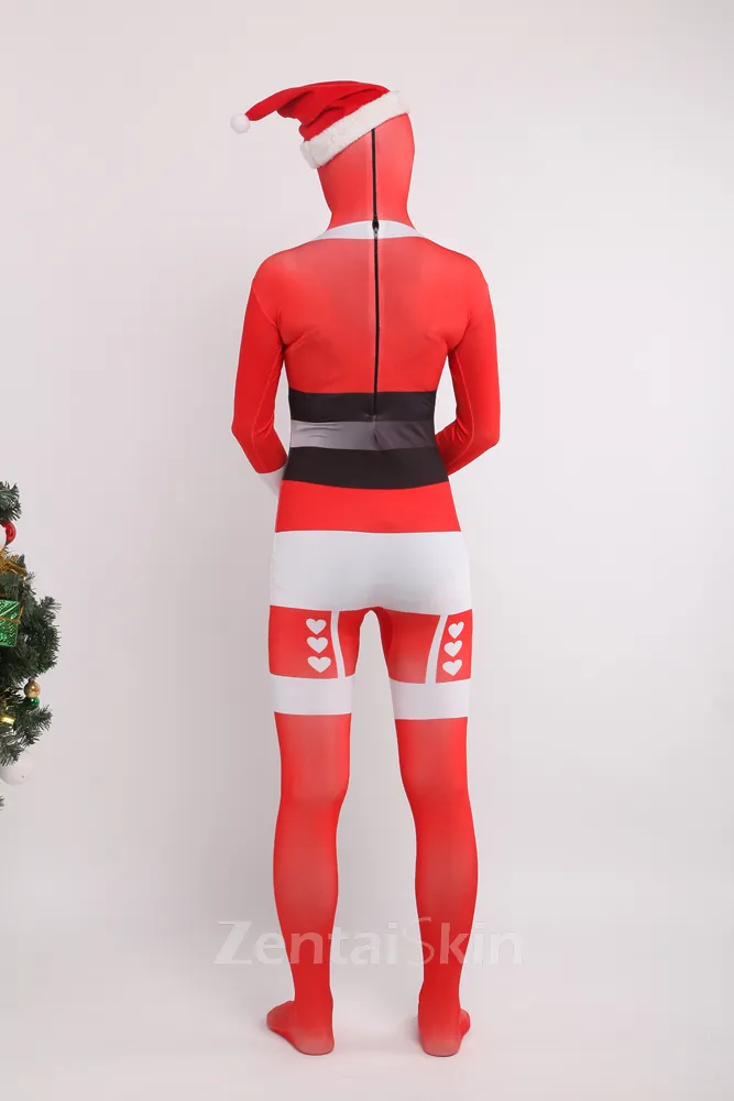 Red Sata Clause Full Body Second Skin Costume Spandex Skinsuit Christmas Holiday Unisex Cosplay Zentai Suit