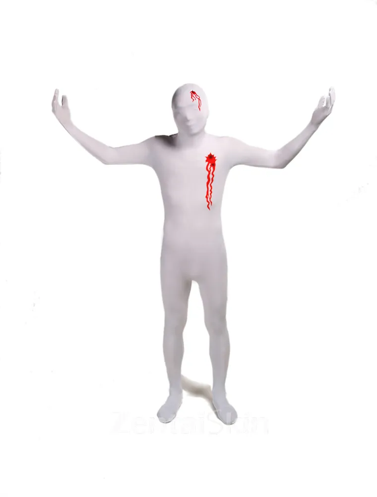 White Gun Shot Blood Full Body Second Skin Costume Halloween Spandex Skinsuit Holiday Unisex Cosplay Zentai Suit