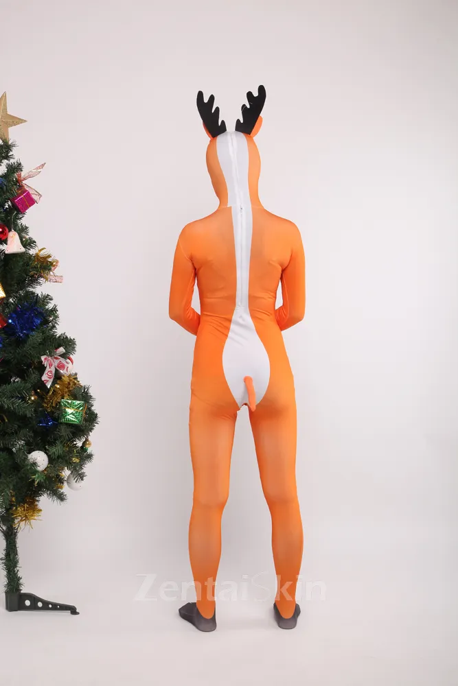 Orange Reindeer Full Body Second Skin Costume Christmas Spandex Skinsuit Holiday Unisex Cosplay Zentai Suit