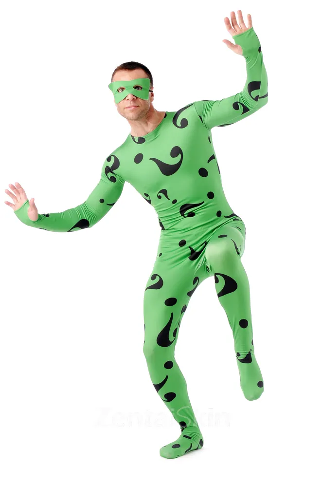 Green Question Mark Full Body Second Skin Costume Halloween Spandex Skinsuit Holiday Unisex Cosplay Zentai Suit