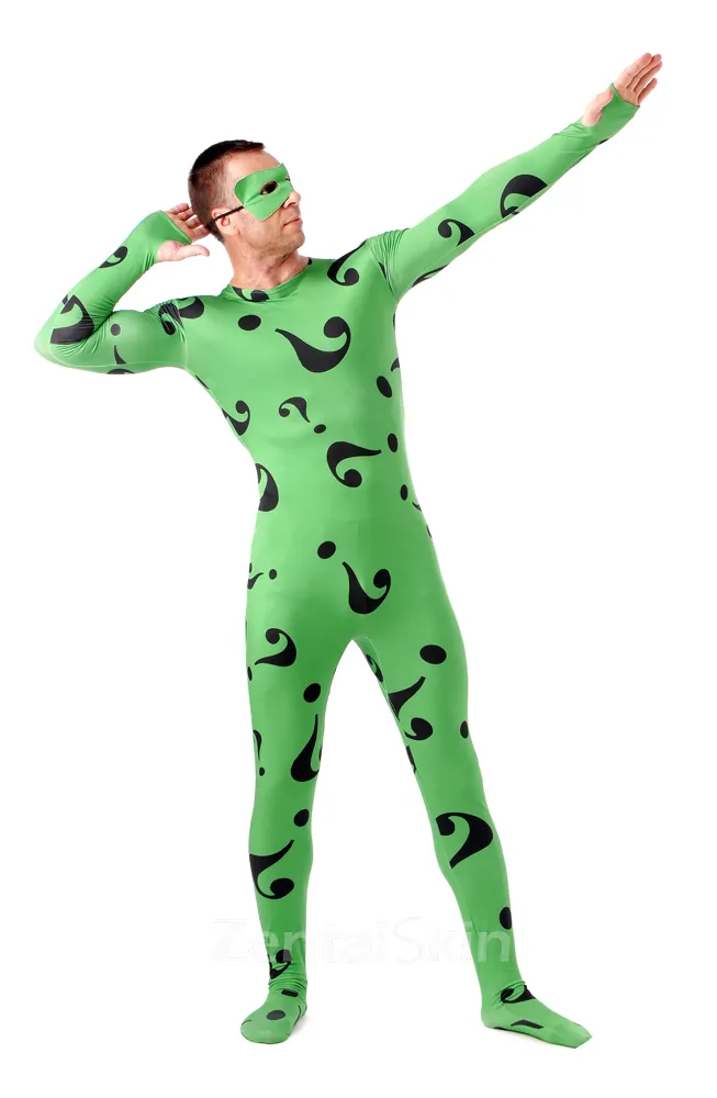 Green Question Mark Full Body Second Skin Costume Halloween Spandex Skinsuit Holiday Unisex Cosplay Zentai Suit