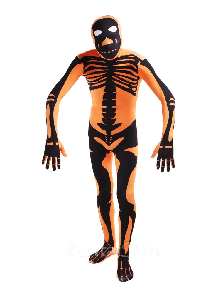 Orange Skull Full Body Second Skin Costume Halloween Spandex Skinsuit Holiday Unisex Cosplay Zentai Suit