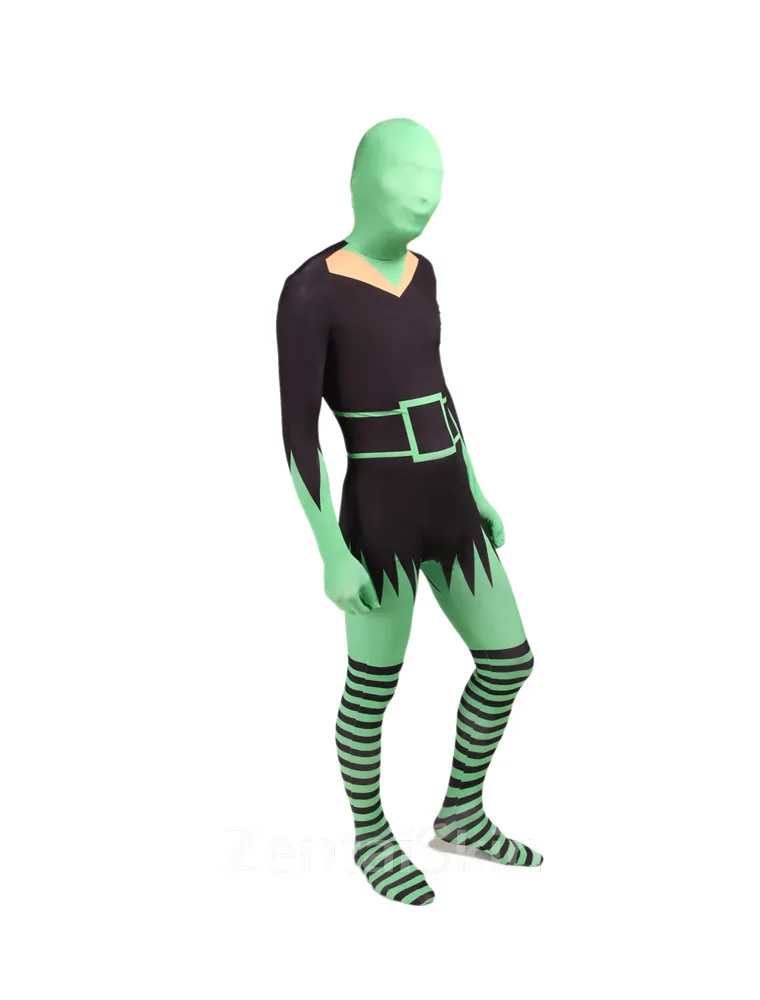 Black and Green Elf Full Body Second Skin Costume Halloween Spandex Skinsuit Holiday Unisex Cosplay Zentai Suit