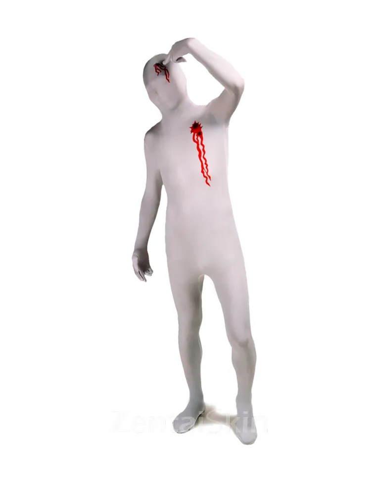White Gun Shot Blood Full Body Second Skin Costume Halloween Spandex Skinsuit Holiday Unisex Cosplay Zentai Suit