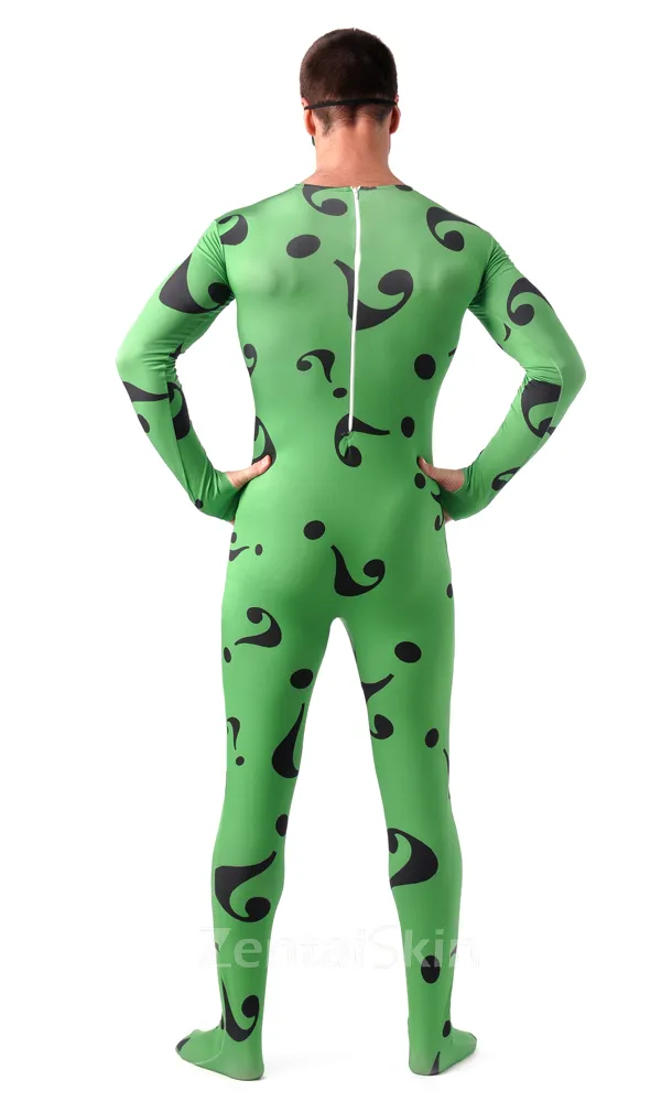 Green Question Mark Full Body Second Skin Costume Halloween Spandex Skinsuit Holiday Unisex Cosplay Zentai Suit