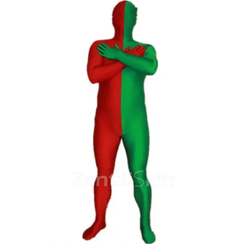 Red and Green Christmas Split Halloween Holiday Cosplay Unisex Lycra Spandex Skinsuit Morph Second Skin Zentai Second Skin Suit