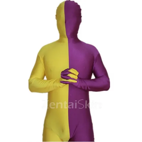 Purple and Yellow Split Halloween Holiday Cosplay Unisex Lycra Spandex Skinsuit Morph Second Skin Zentai Second Skin Suit