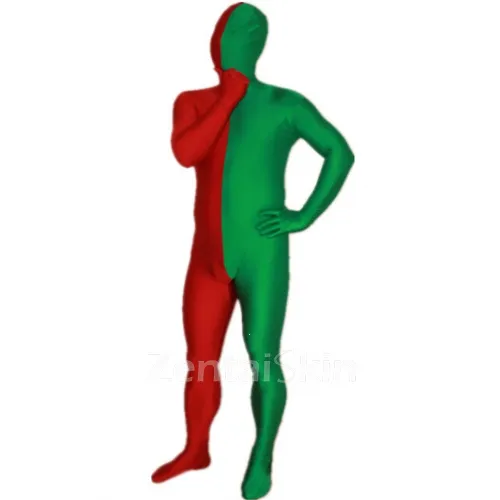 Red and Green Christmas Split Halloween Holiday Cosplay Unisex Lycra Spandex Skinsuit Morph Second Skin Zentai Second Skin Suit