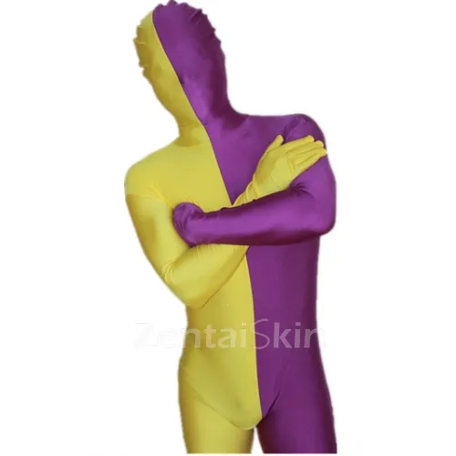 Purple and Yellow Split Halloween Holiday Cosplay Unisex Lycra Spandex Skinsuit Morph Second Skin Zentai Second Skin Suit