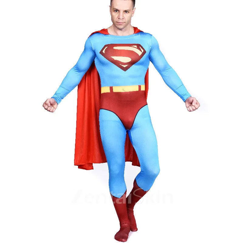 Lycra Full Body Bodysuit Superman Tights Superhero Cosplay Zentai Catsuit Zentai Skinsuit Second Skin Clothing with a Cape