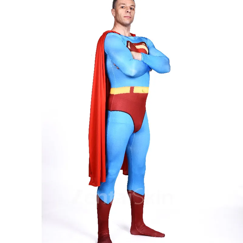 Lycra Full Body Bodysuit Superman Tights Superhero Cosplay Zentai Catsuit Zentai Skinsuit Second Skin Clothing with a Cape