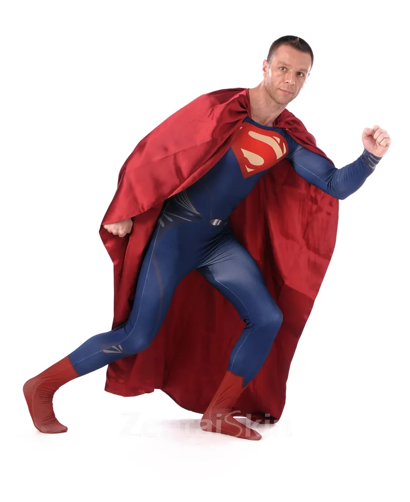 Blue Superman Fullbody Tights Superhero Cosplay Zentai Catsuit Zentai Skinsuit Second Skin Clothing with Red Cape