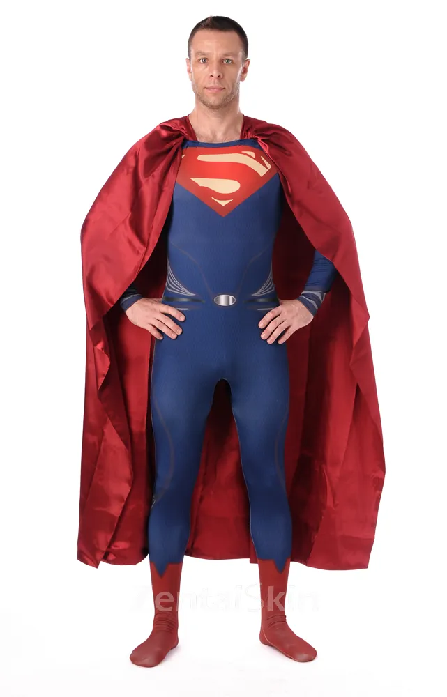 Blue Superman Fullbody Tights Superhero Cosplay Zentai Catsuit Zentai Skinsuit Second Skin Clothing with Red Cape
