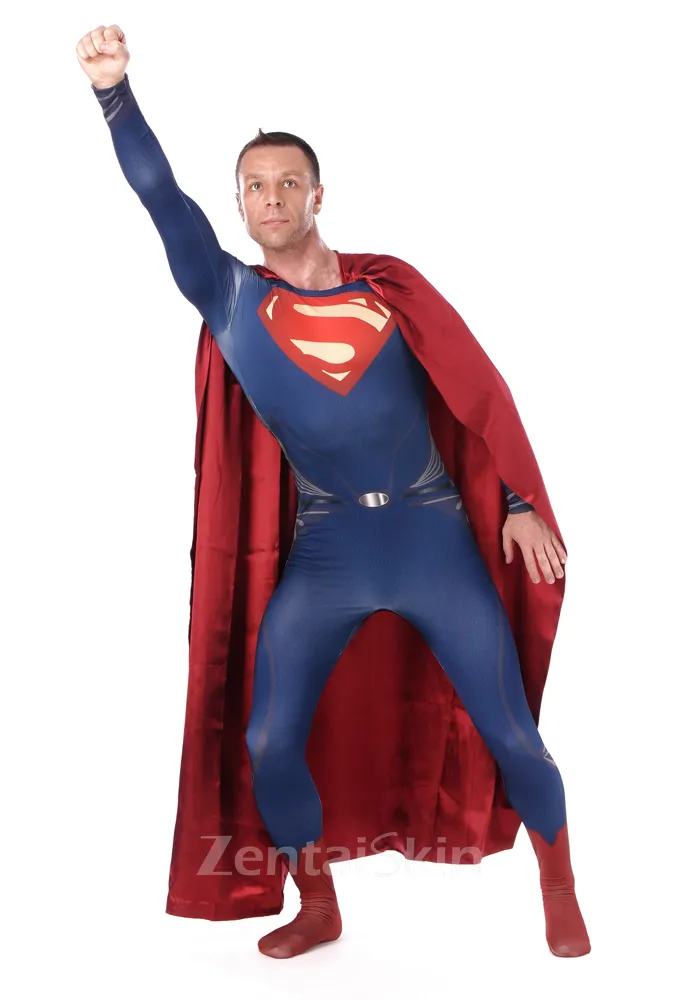 Blue Superman Fullbody Tights Superhero Cosplay Zentai Catsuit Zentai Skinsuit Second Skin Clothing with Red Cape