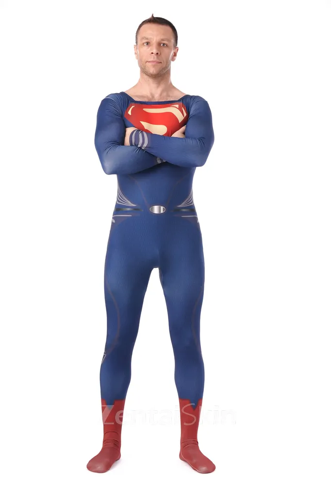 Blue Superman Fullbody Tights Superhero Cosplay Zentai Catsuit Zentai Skinsuit Second Skin Clothing with Red Cape