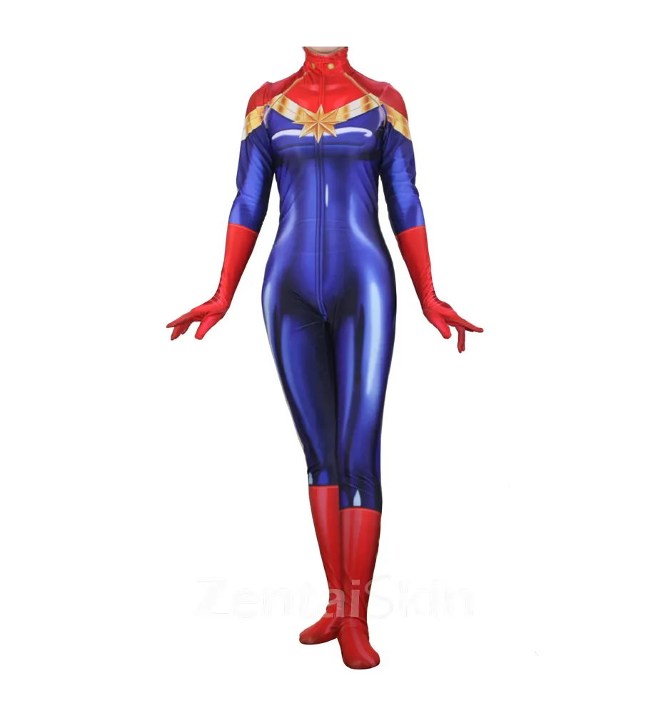 Captain Marvel Cosplay Costume Long Sleeves High Collar Second Skin Full Body Zentai Catsuit Skinsuit