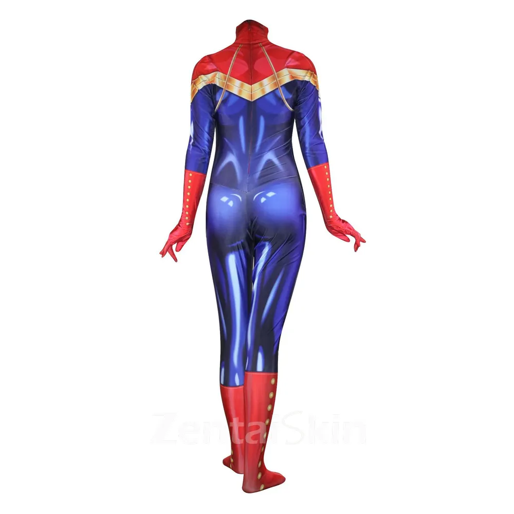Captain Marvel Cosplay Costume Long Sleeves High Collar Second Skin Full Body Zentai Catsuit Skinsuit