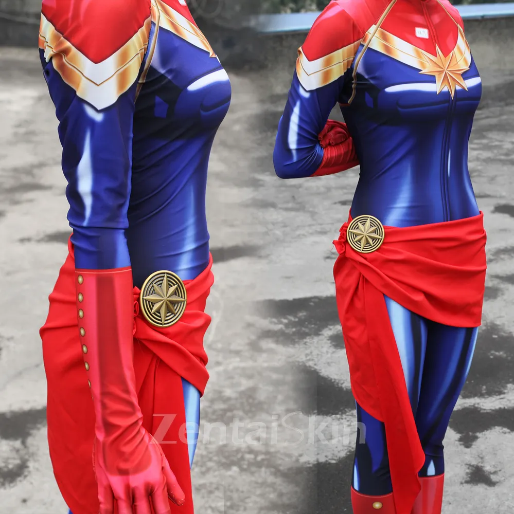 Captain Marvel Cosplay Costume Long Sleeves High Collar Second Skin Full Body Zentai Catsuit Skinsuit