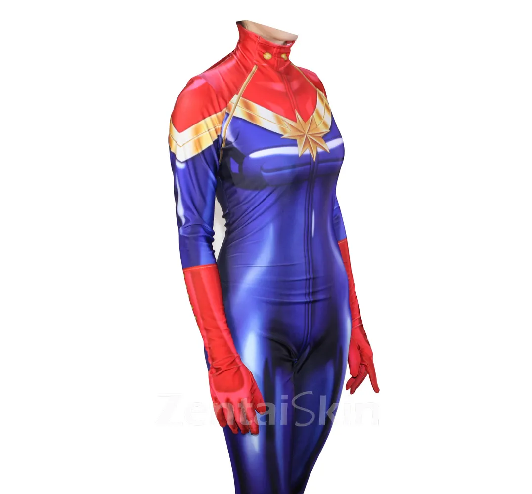 Captain Marvel Cosplay Costume Long Sleeves High Collar Second Skin Full Body Zentai Catsuit Skinsuit