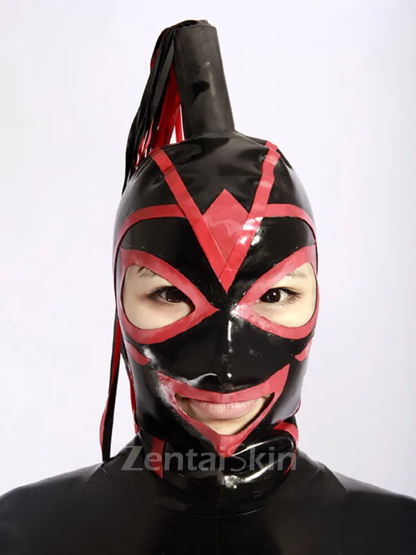 Second Skin Black and Red Split Unisex Latex Hood