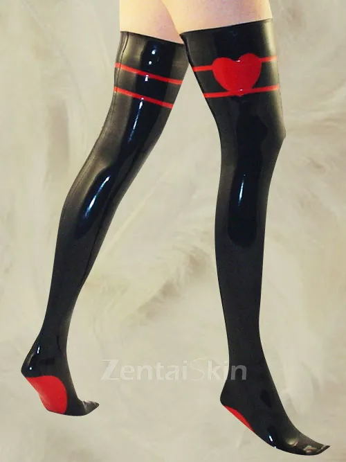 Second Skin Fetish Latex Red Heart Pattern Black Latex Stockings