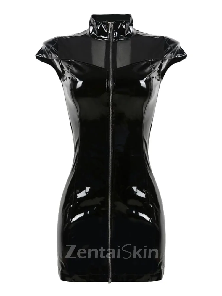Second Skin Women Wetlook PVC Stand Collar Front Zipper Sleeveless Bodycon Black Dress