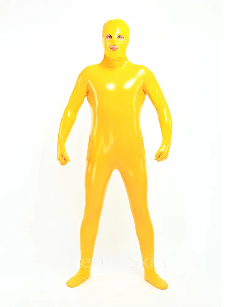Latex Look Yellow Unisex Open Eyes Open Mouth Skinsuit Wetlook Unitard PVC Catsuit Zentai Second-skin Clothing