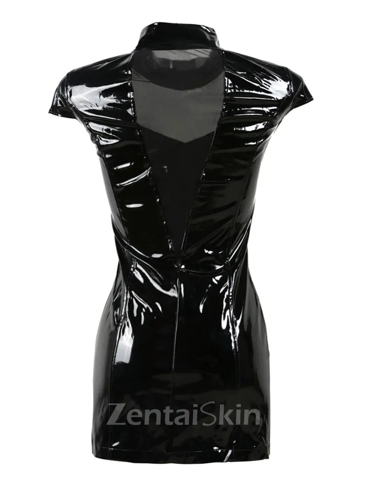 Second Skin Women Wetlook PVC Stand Collar Front Zipper Sleeveless Bodycon Black Dress
